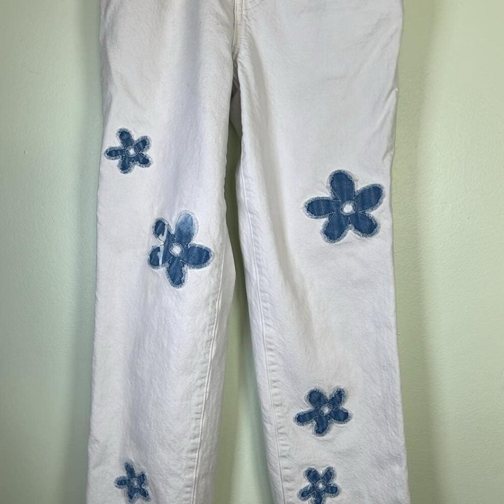 Pacsun Jeans Womens 23 White Denim Dad Flower Patchwork Button Fly BoHo Whimsy